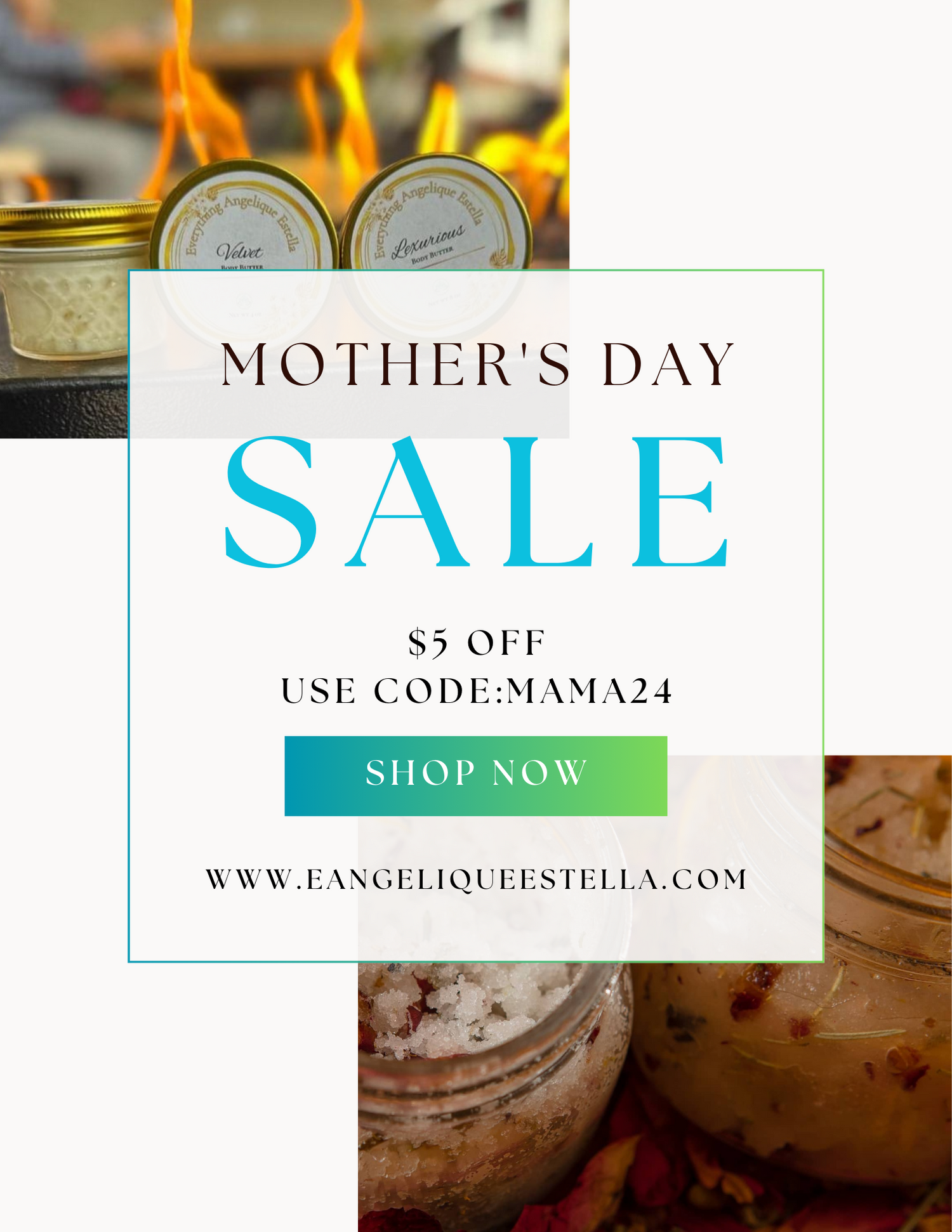 Make Mom's day extra special with our Mother's Day sale! Enjoy $5 off when you mix and match 2 of our sumptuous 4 oz shea butters, sugar scrubs, or indulge in one of each. Use code Mama24 at checkout to treat her to the ultimate pampering experience. Don't miss out on our charming gift box options for a beautifully curated surprise!
