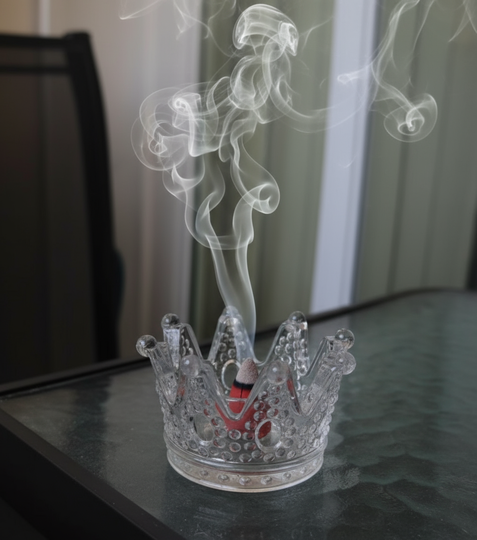 A clear incense cone holder shaped like a crown with a reflective surface.